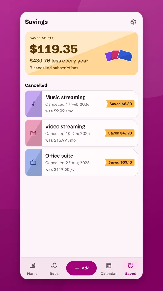 Savings from cancelled subscriptions